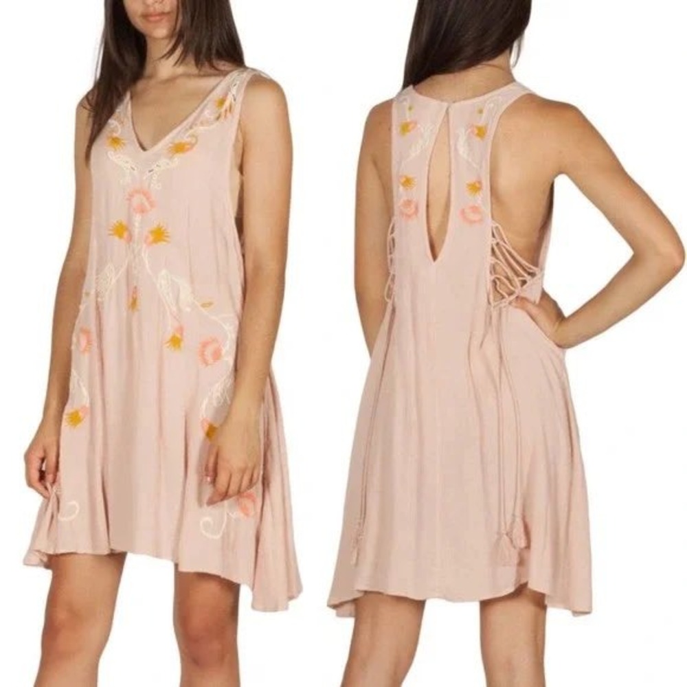 Free People Intimately Embroidered Lace Up Mini Dress Pink Boho Floral Size M